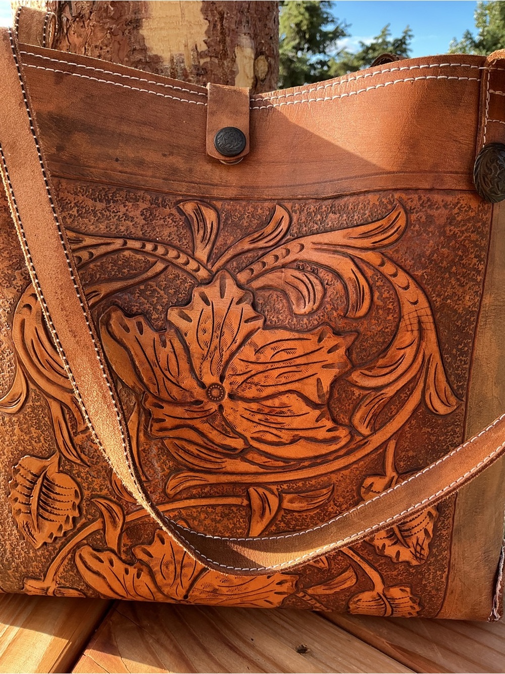 Tooled Leather Floral Tote Bag | Vintage Western Boho Shoulder Bag/ Double Sided - Picture 6 of 13